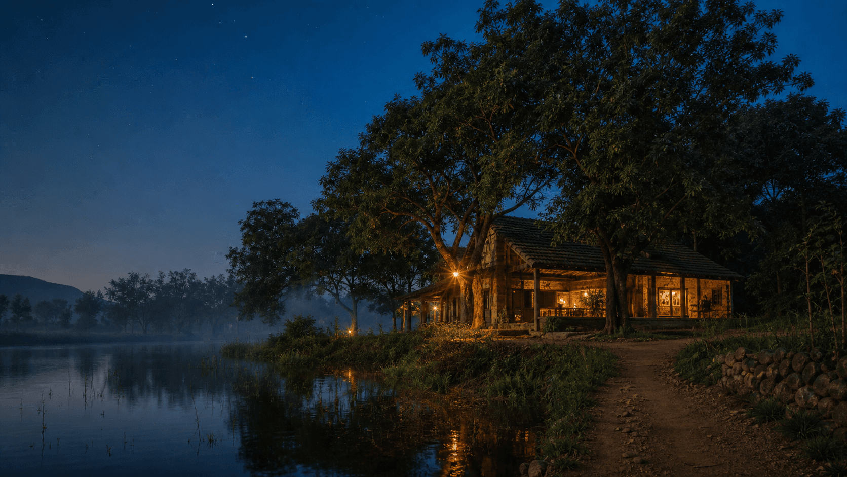 A warm-lit lodge beside a lake at twilight