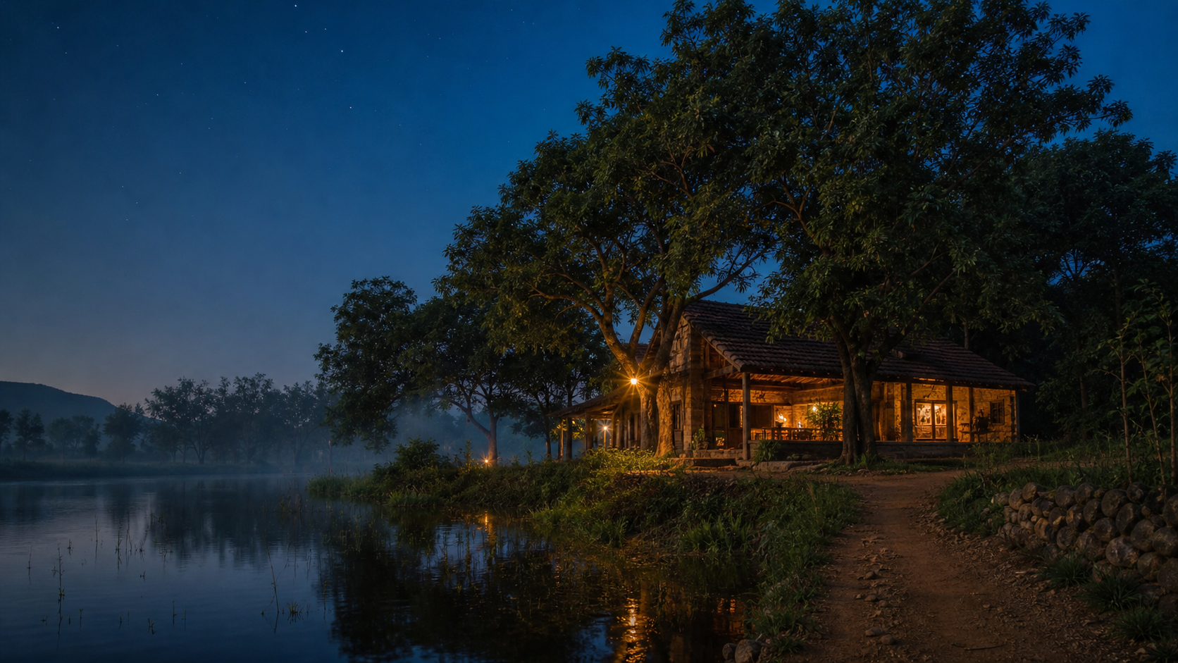 A warm-lit lodge beside a lake at twilight